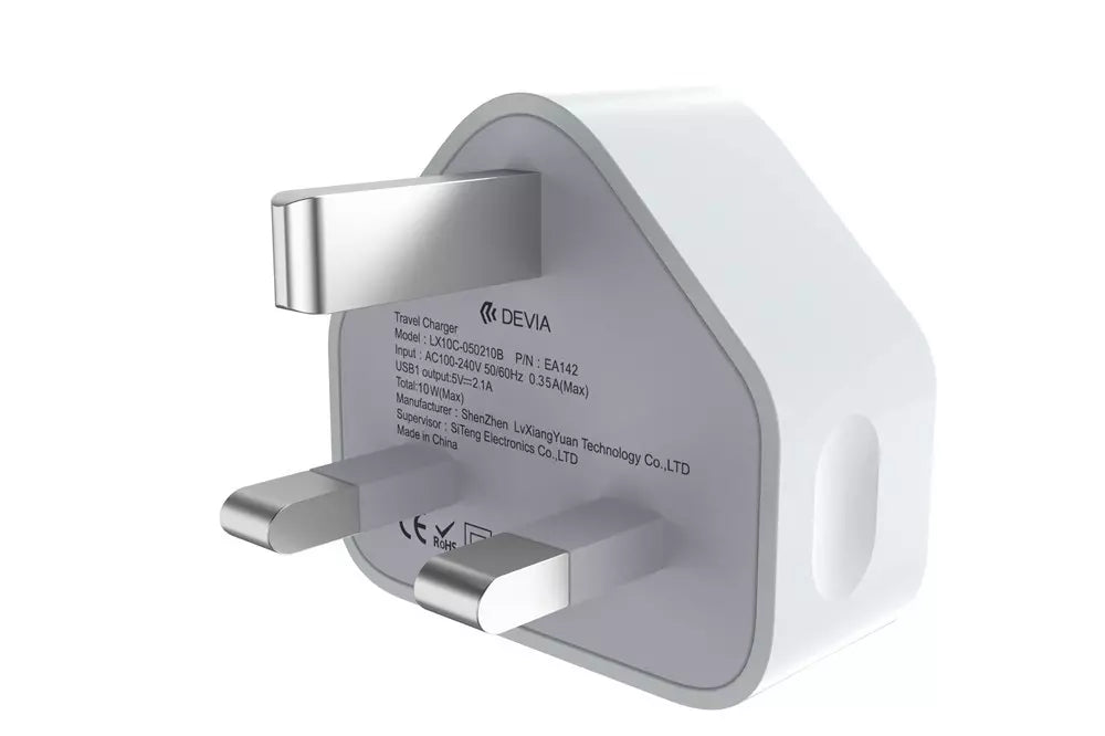 Universal USB 3-Pin UK Charging Plug (2.1A) - White