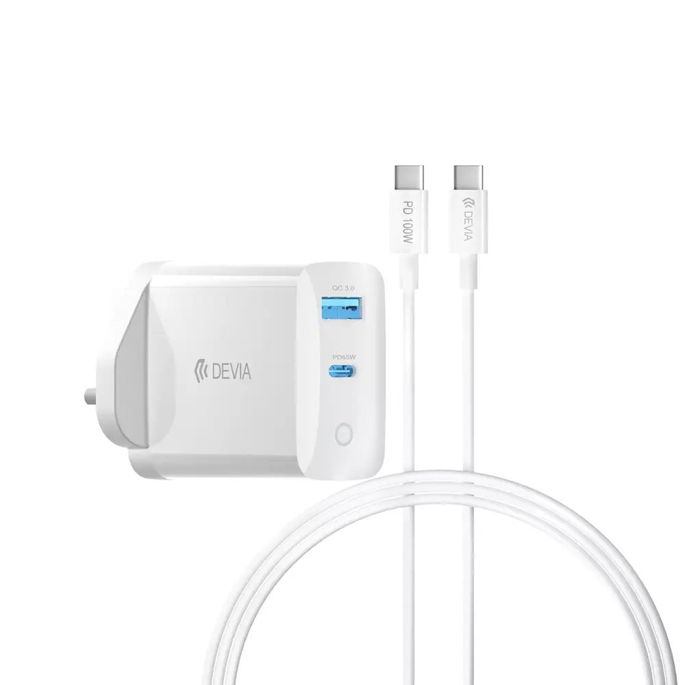 65W GaN Type C PD & QC4.0 3-Pin UK Mini Charging Plug & 1.5m 100W Type C to Type C Cable - White