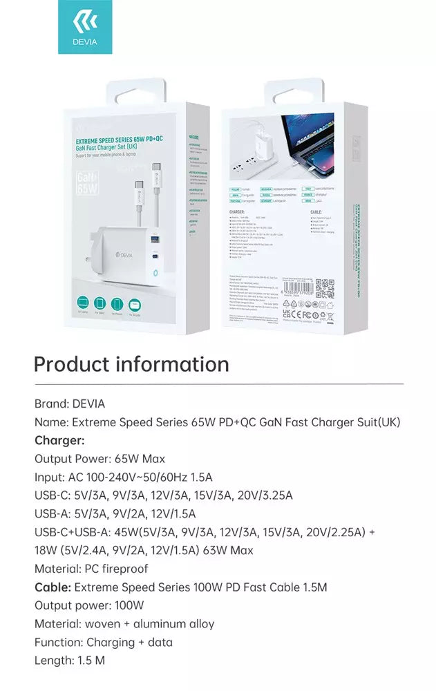 65W GaN Type C PD & QC4.0 3-Pin UK Mini Charging Plug & 1.5m 100W Type C to Type C Cable - White