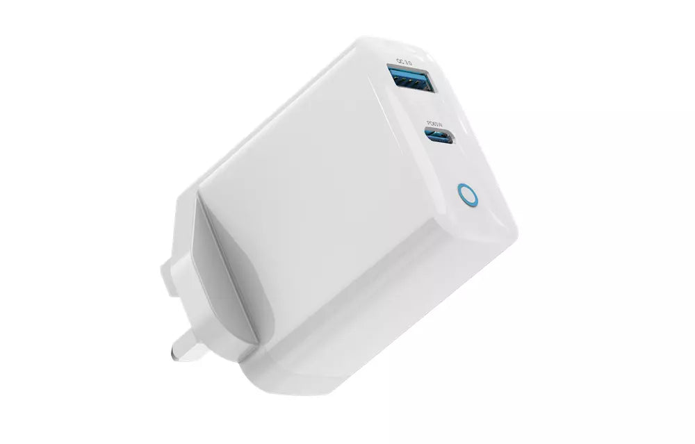 65W GaN Type C PD & QC4.0 3-Pin UK Mini Charging Plug - White