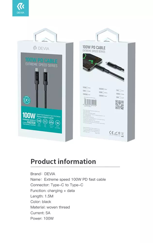 1.5m (100W) Mesh Armour Power Delivery - Type C to Type C Cable - Black